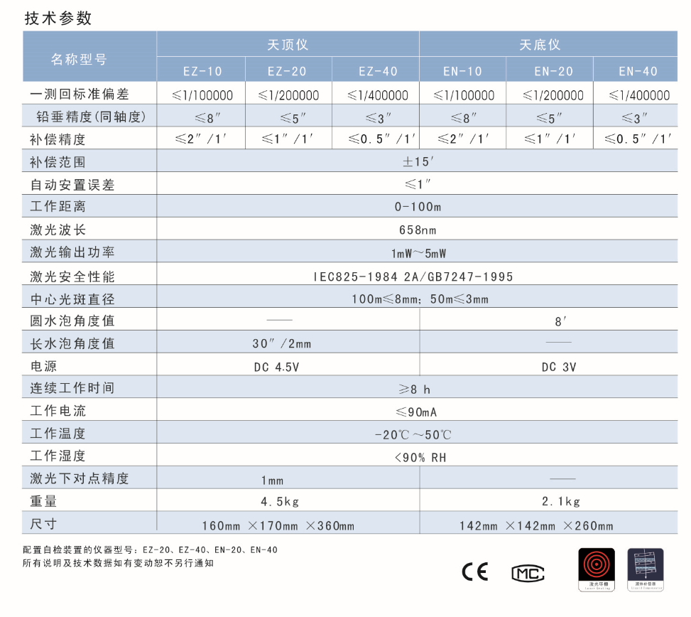 EZ-10、EZ-20、EZ-40激光自動(dòng)安平天頂儀/上垂準(zhǔn)儀技術(shù)參數(shù)